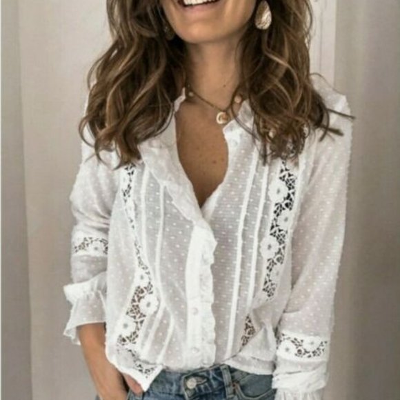 New Boho White Lace Long Sleeve Blouse Top - Picture 3 of 9
